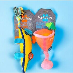 Posh Paws Dog Toys Fish and Cocktail Set of 2 Squeak and Texture Pet Gifts